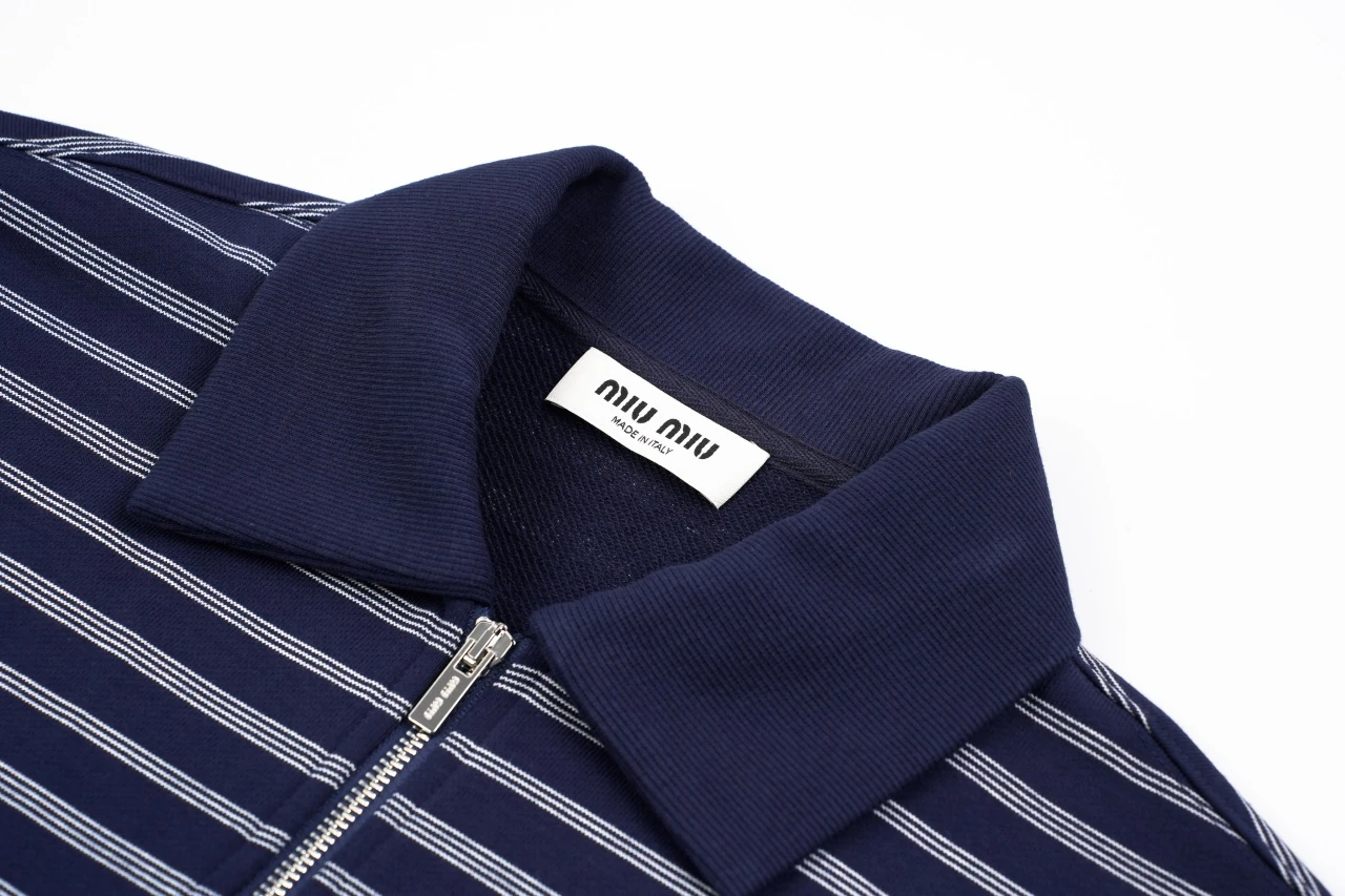 Miu Miu Navy Stripe Embroidered Half Zip Long Sleeve Polo Shirt product photo from LabelPicks