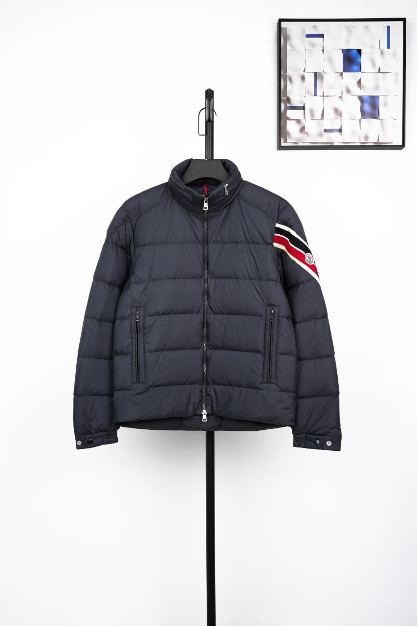 Moncler Navy Down Jacket with Tricolor Sleeve Tape product photo from LabelPicks
