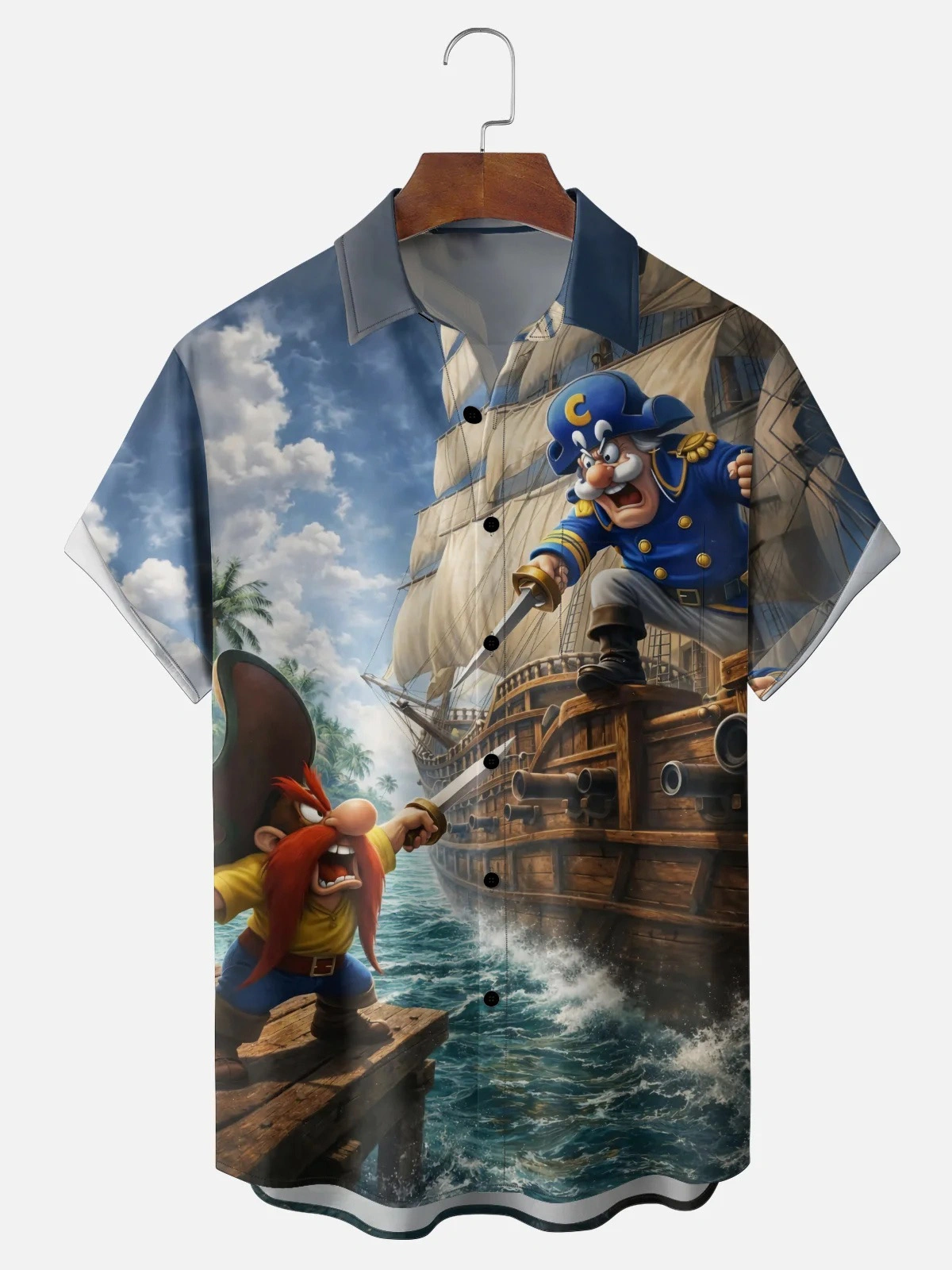 Moisture-Wicking Gradient-Color Dueling Pirates & Sailboats Design Chest Pocket Hawaiian Shirt