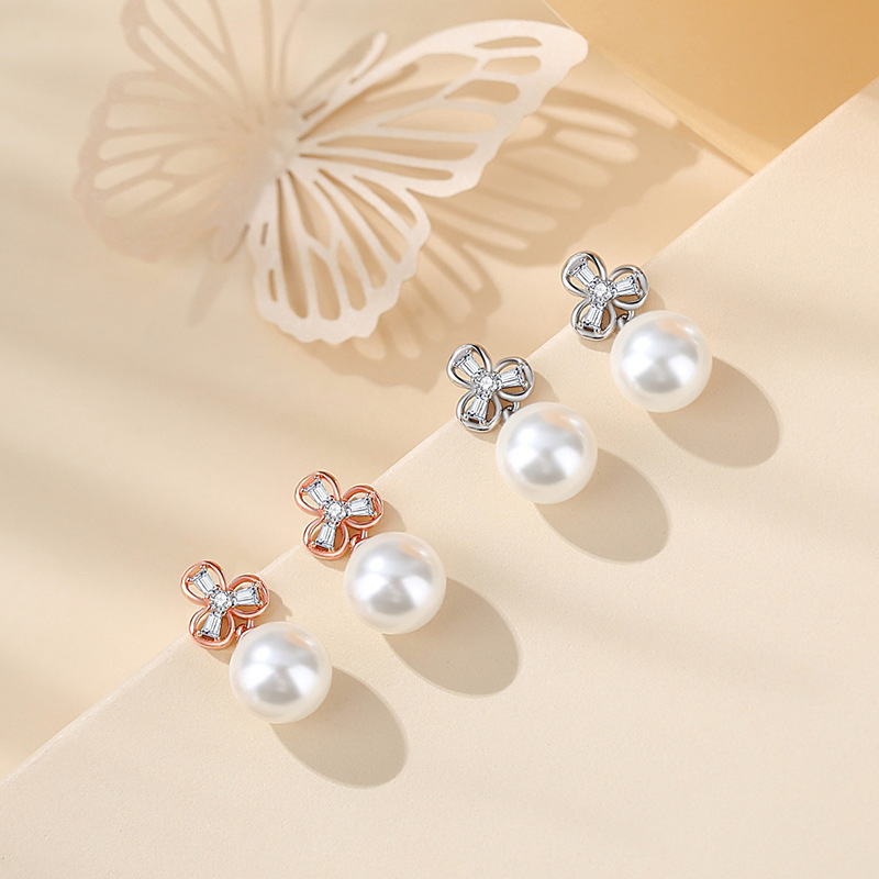 Original Lucky Clover Pearl Stud Earrings for Women, Pure Silver, Fresh and Delicate, Rose Gold Petal Earrings, Ear Jewelry