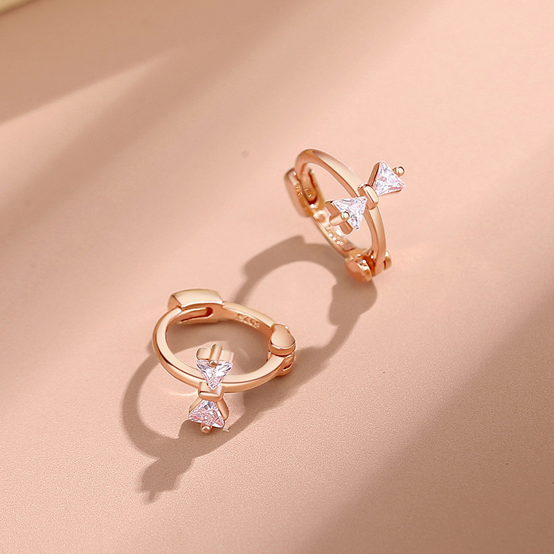 S925 sterling silver bow earrings, Korean style, versatile, small, rose gold cubic zirconia earrings, trendy hoop earrings for cross-border sales