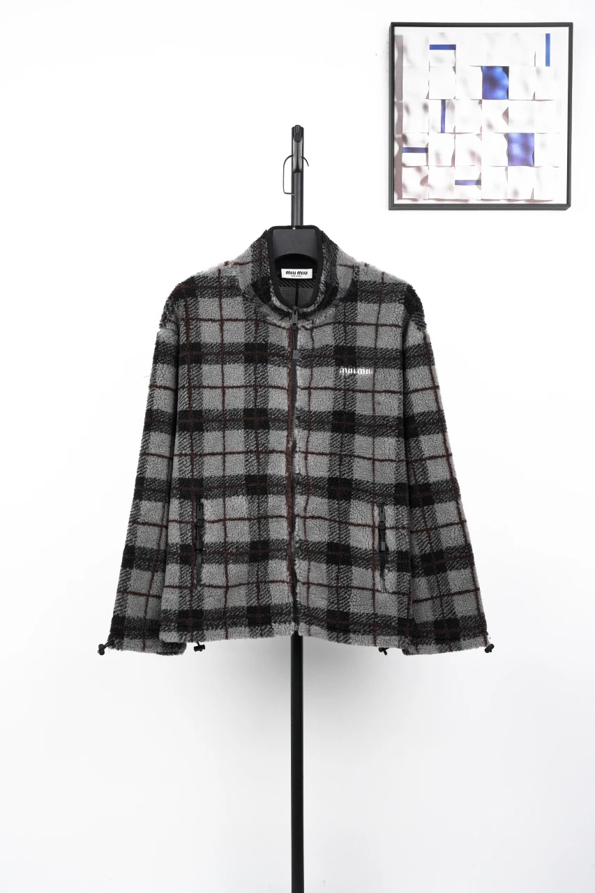 Miu Miu Grey Black Check Fleece Zip Jacket product photo from LabelPicks