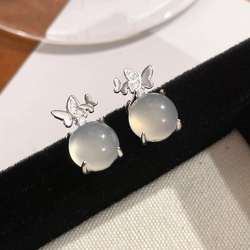 Original chalcedony butterfly earrings for women, pure silver geometric forest-style pastoral earrings, fresh and cute accessories for girlfriends
