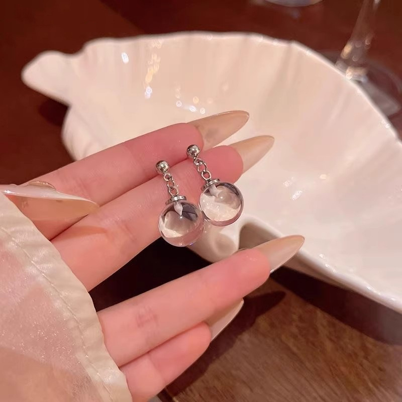 Transparent glass ball earrings, 925 sterling silver, niche light luxury, minimalist style, high-end feel, summer French-style water drop earrings