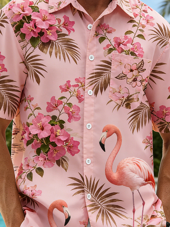 Botanical Floral Flamingo Print with Chest Pocket Holiday Hawaiian Shirt