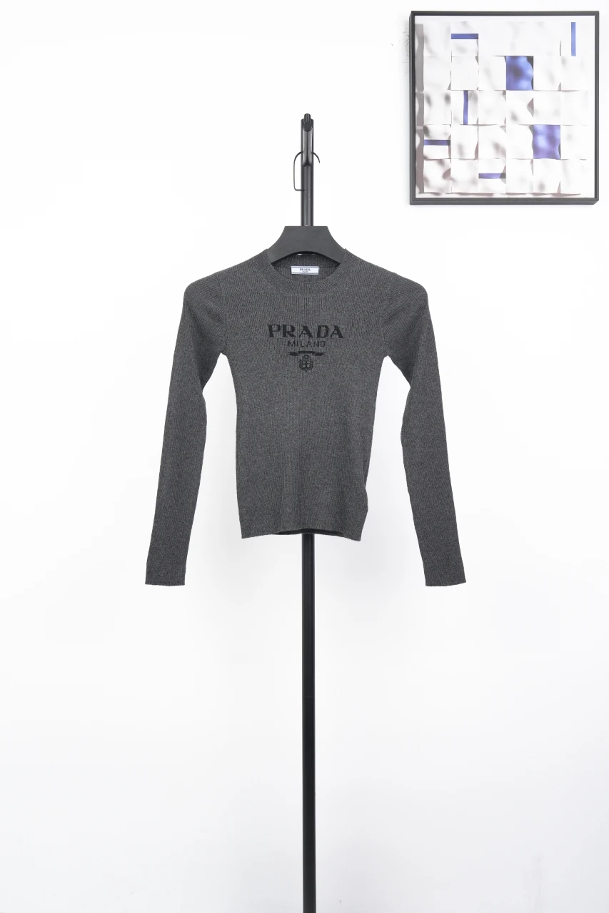 Prada Charcoal Recycled Silk Logo Jacquard Slim Knit Sweater product photo from LabelPicks