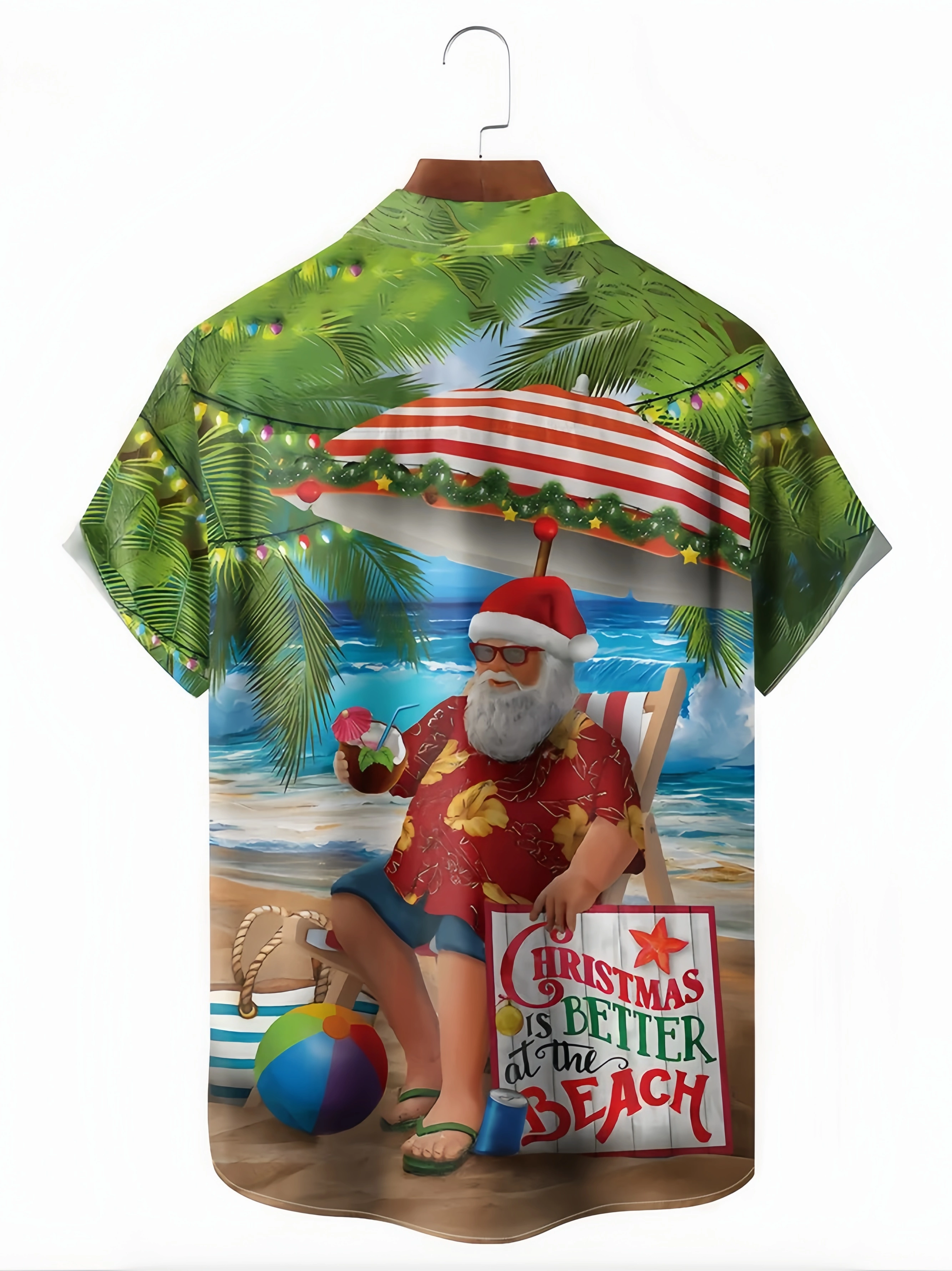 Christmas Beach Santa Chest Pocket Short Sleeve Hawaiian Shirt