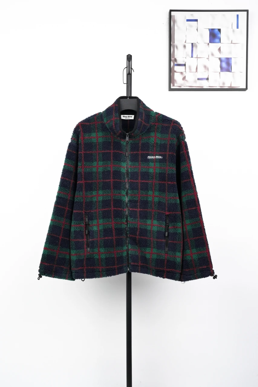 Miu Miu Dark Green Check Fleece Zip Jacket product photo from LabelPicks