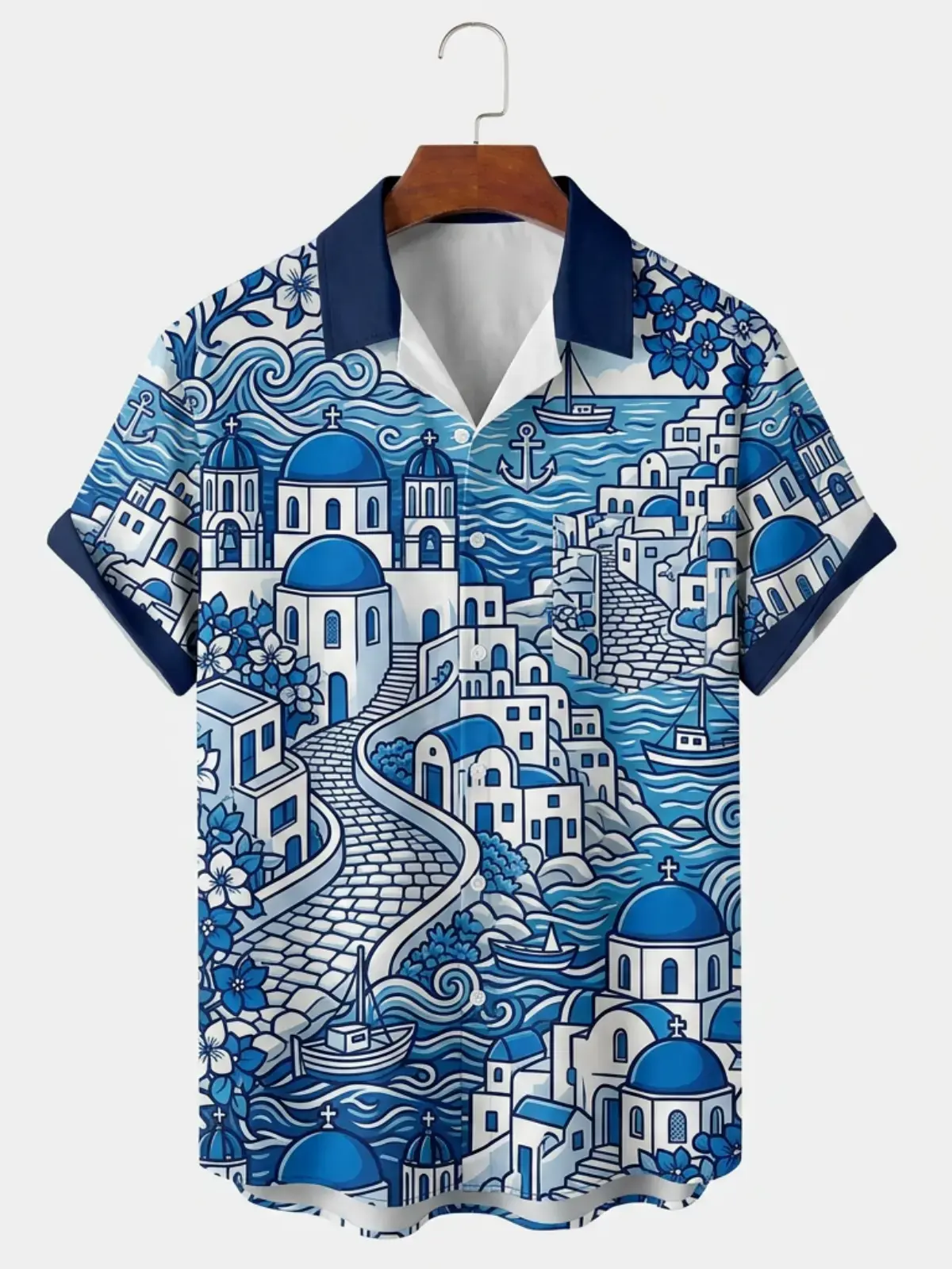 Men's printed shirts Santorini Greece Coastal Aloha Shirt