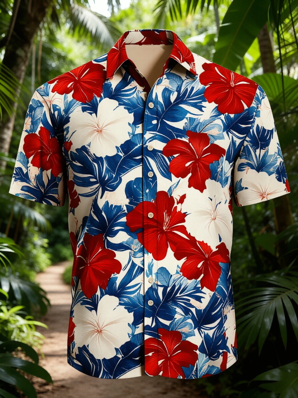 Men's printed shirts U.S. Independence Day Anniversary Flag Floral and Botanical Pattern  Holiday Hawaiian Shirt