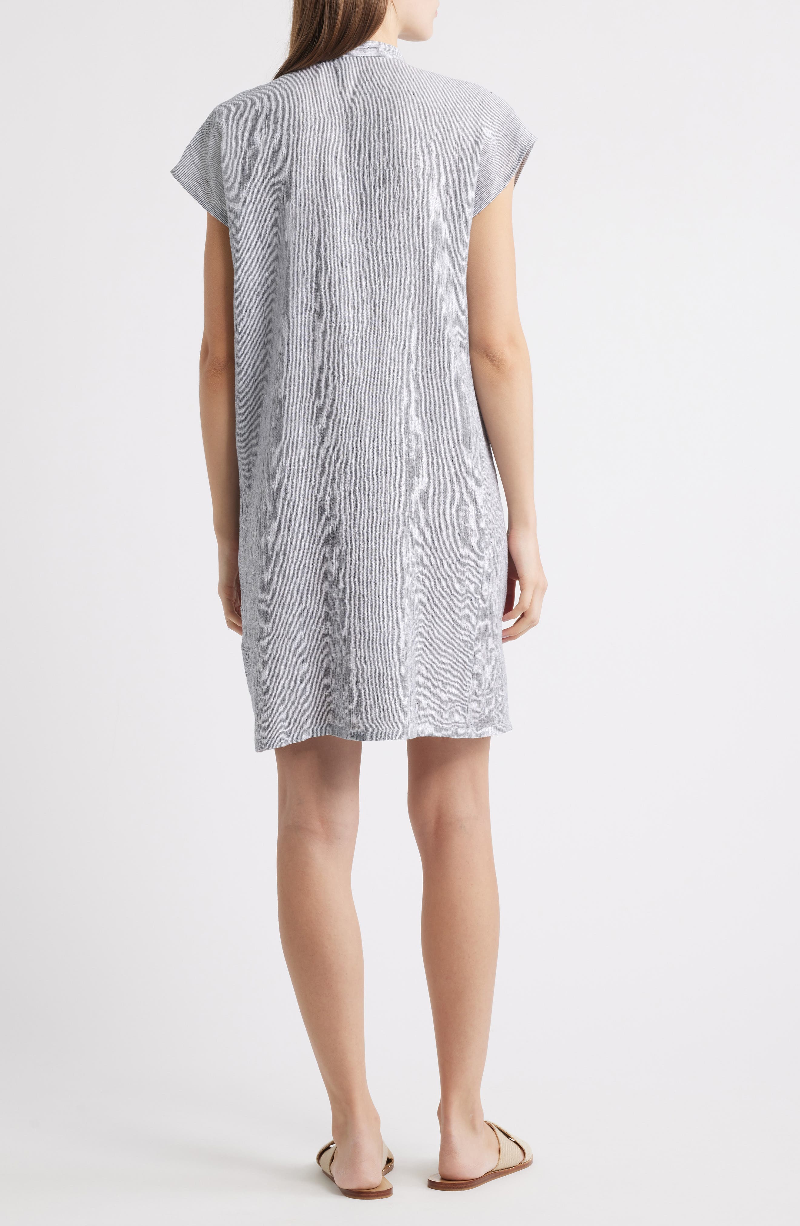 Eileen Fisher Band Collar Stripe Organic Linen Shirtdress