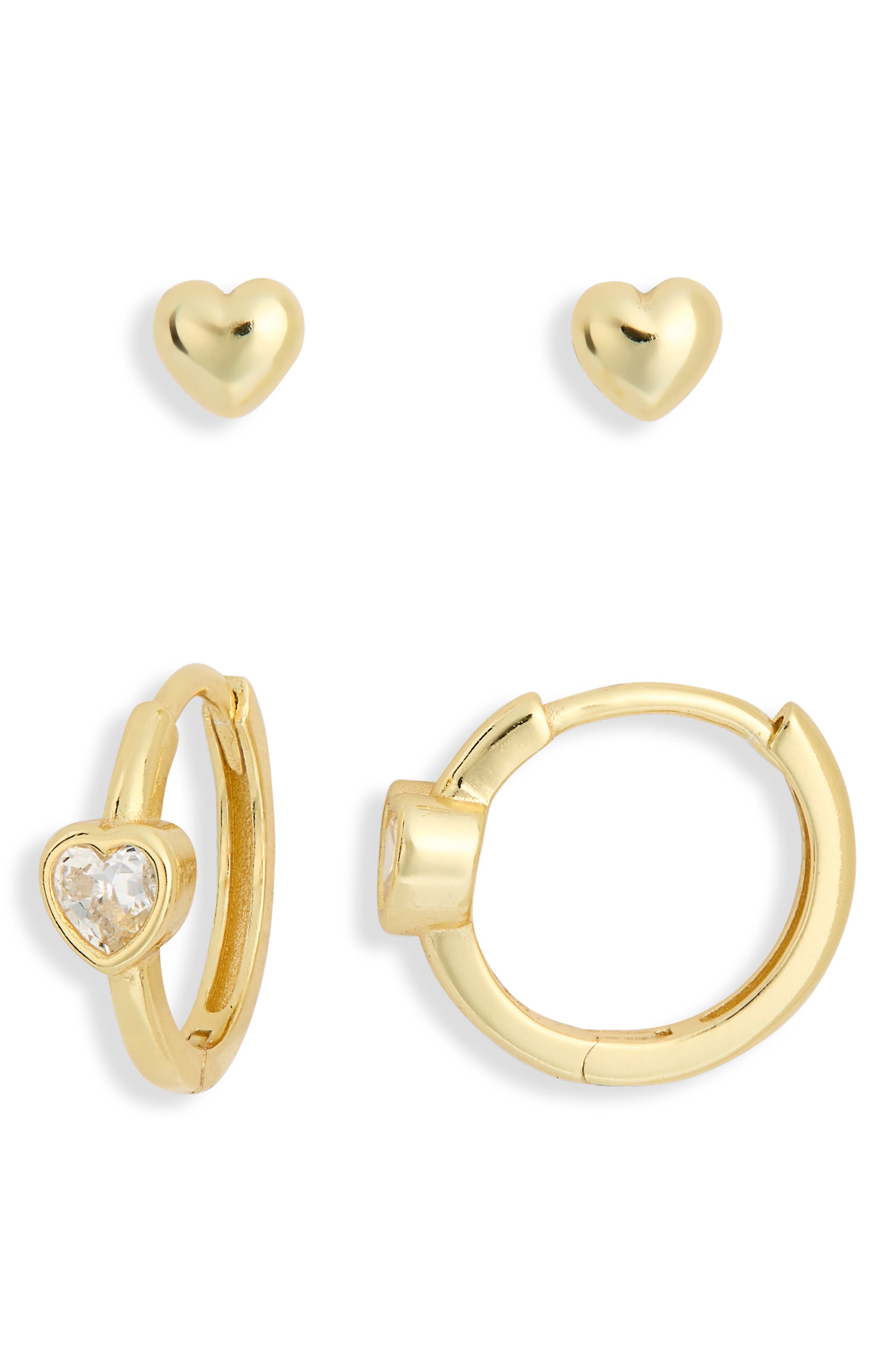 ARGENTO VIVO Set of 2 Heart Stud & Cubic Zirconia Heart Huggie Hoop Earrings