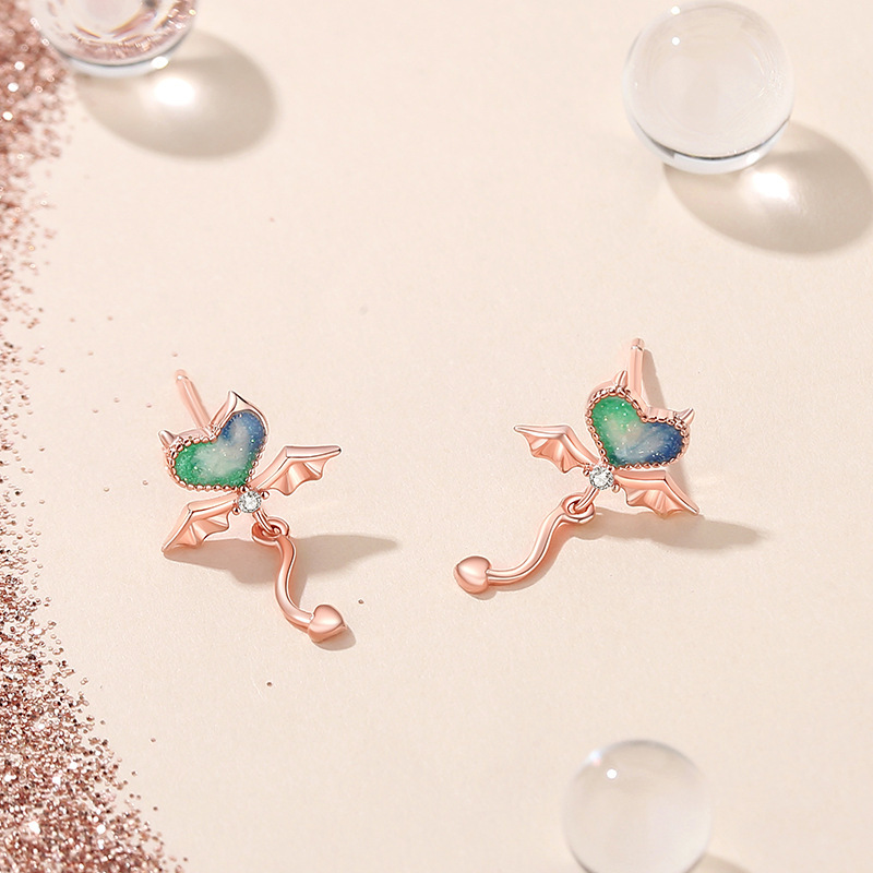 Original heart-shaped little devil earrings, 925 sterling silver, rose gold, unique design, girly style, personalized earrings