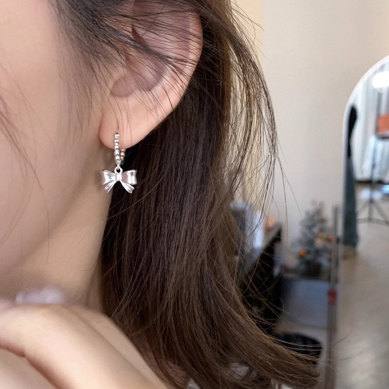 925 sterling silver bowknot hoop earrings, cute, compact, light luxury, sweet and girly, popular Korean-style earrings