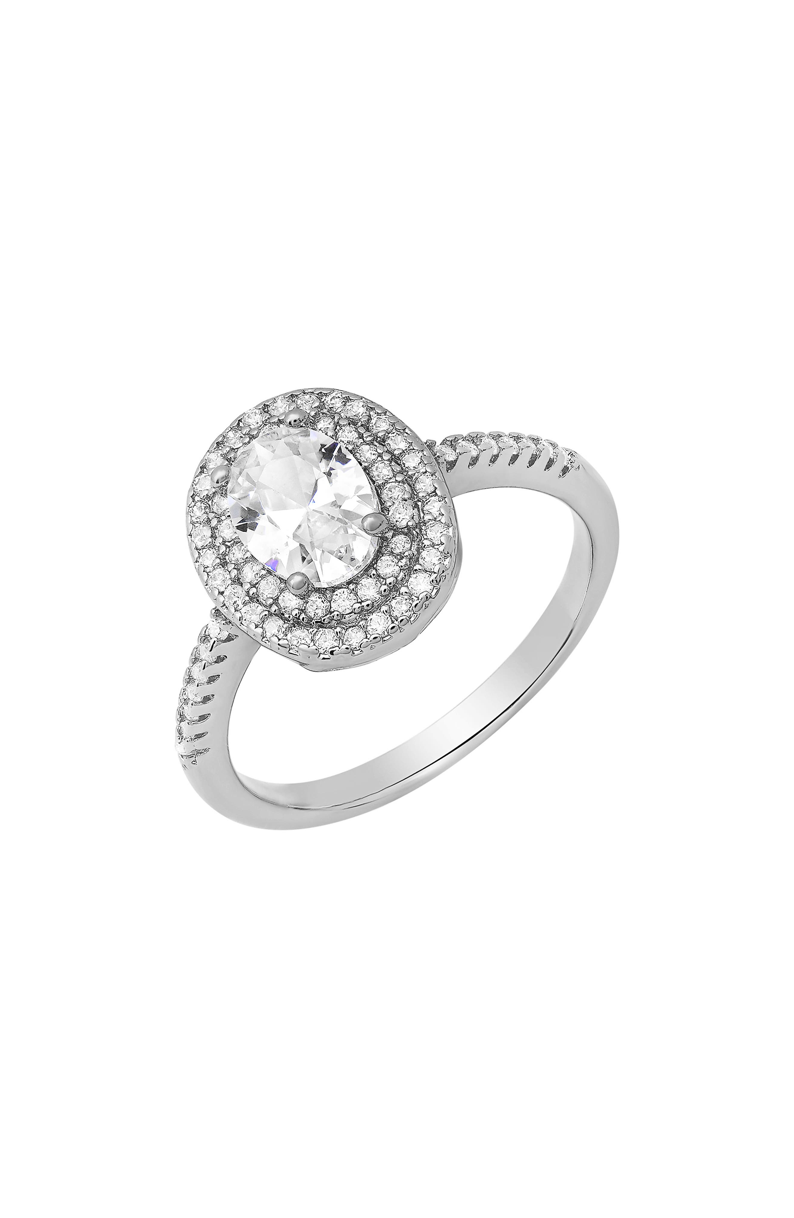 HMY JEWELRY 18K White Gold Plated Oval Simulated Diamond Double Halo Ring