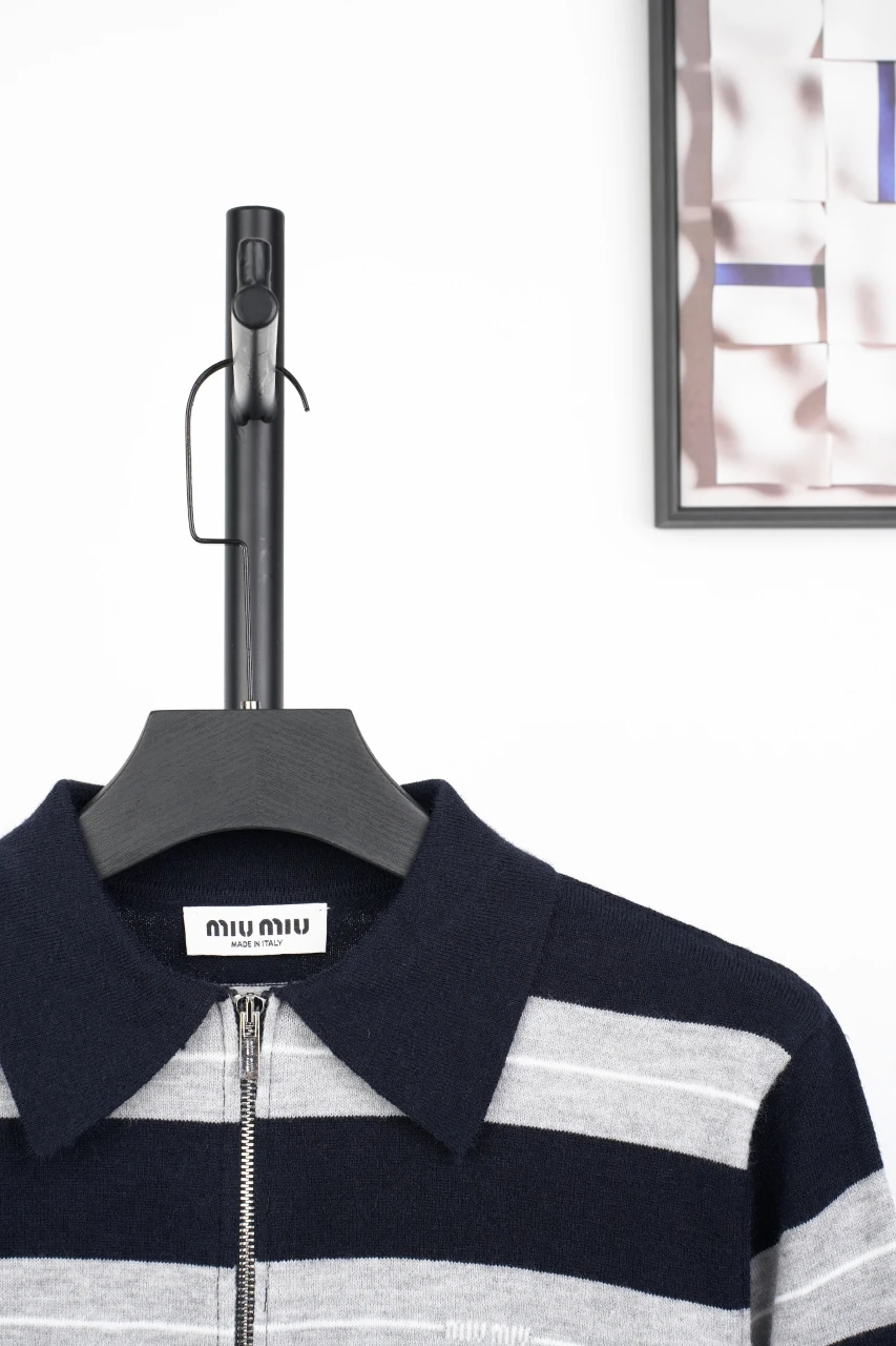 Miu Miu Navy White Stripe Logo Half Zip Sweater product photo from LabelPicks