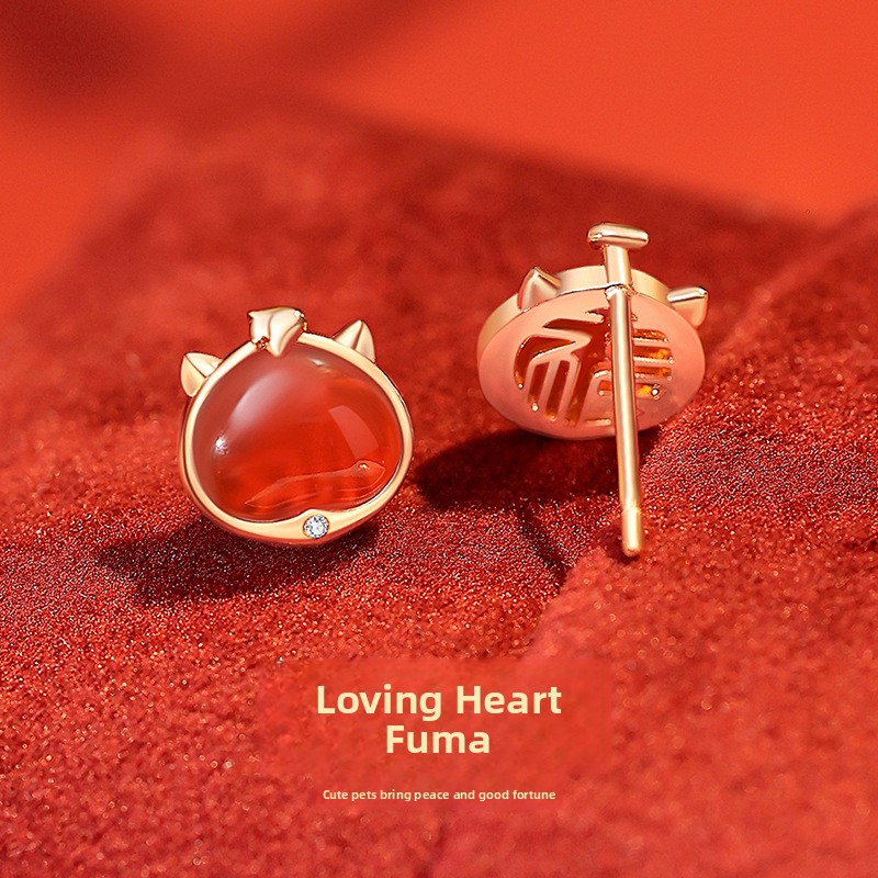 Original Heart-Shaped Lucky Character Horse Year Earrings for Women, Pure Silver, Rose Gold, Red Agate, 2026 Zodiac Year, Cute Horse Earrings