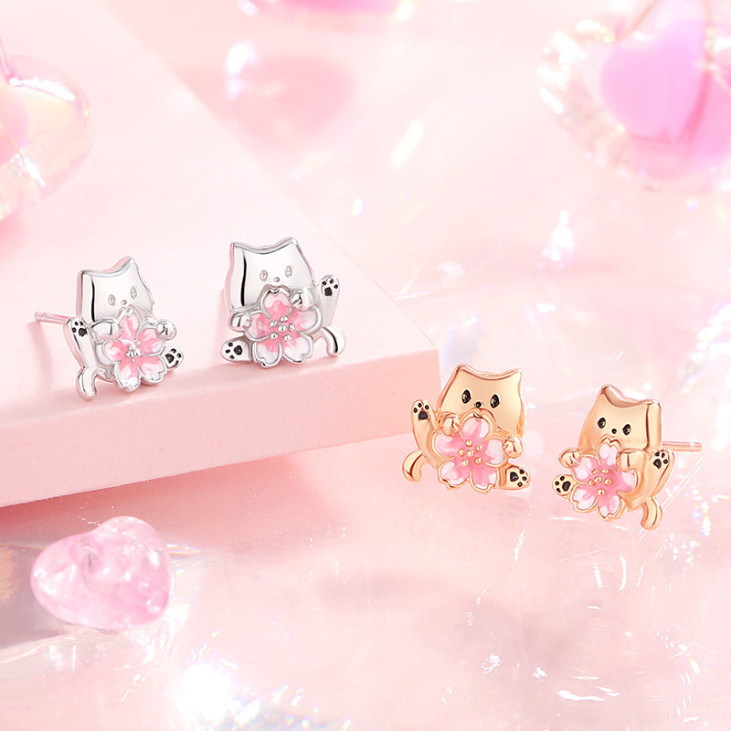 Original cherry blossom cat earrings for women, made of pure silver, perfect for summer, with a fresh and delicate design, enamel flower earrings, jewelry