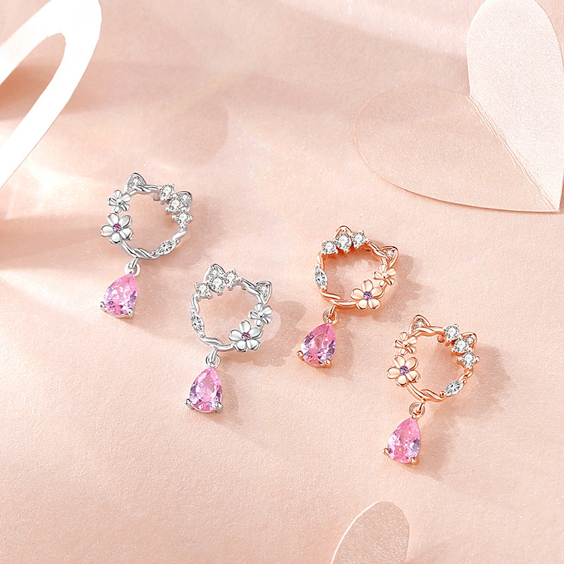 Original Peach Blossom Cat Earrings 925 Sterling Silver Niche Design Earrings Forest Style Micro-Paved Earrings Ins Ear Jewelry
