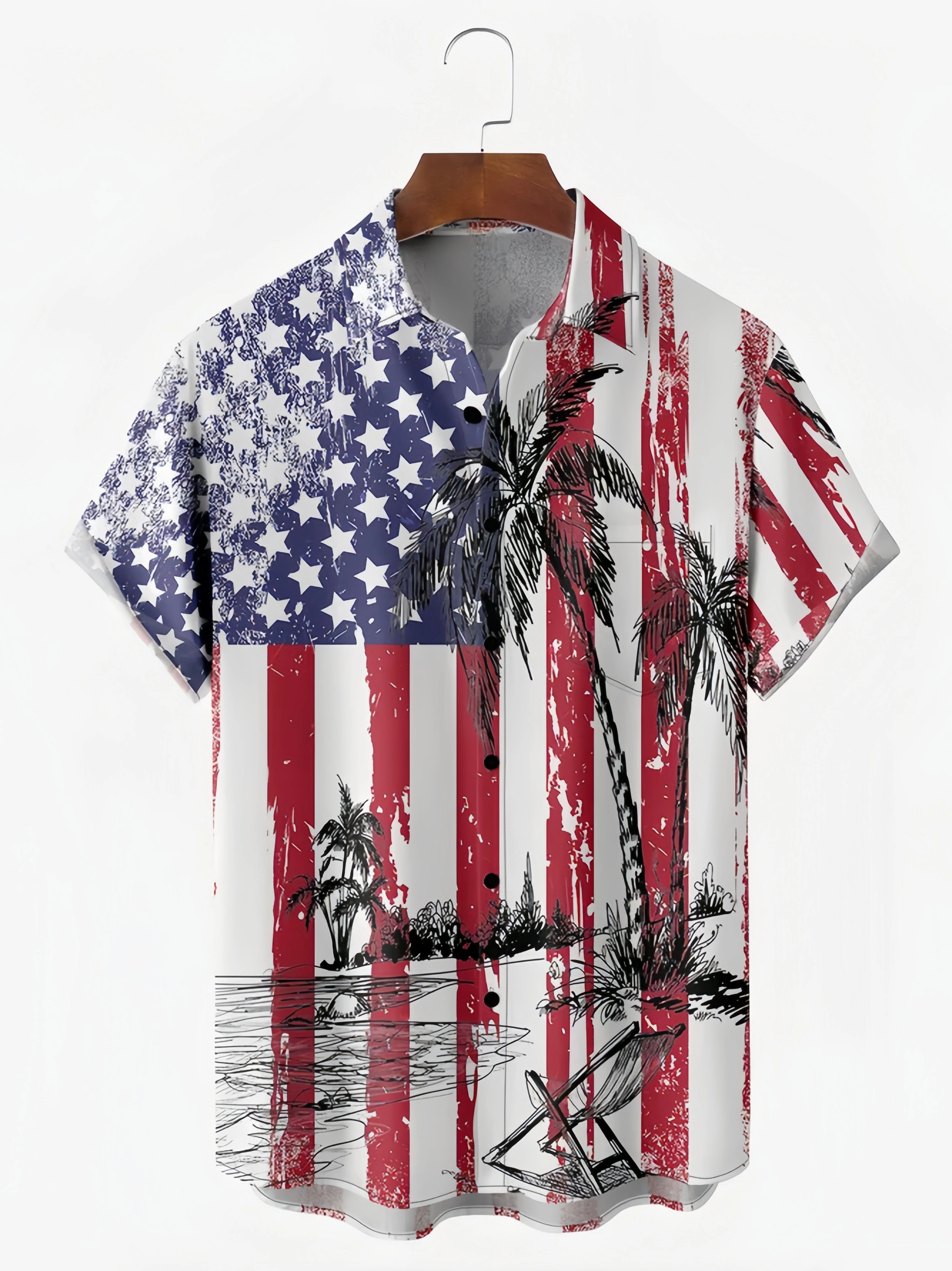 Flag Coconut Tree Chest Pocket Short Sleeve Casual Shirt
