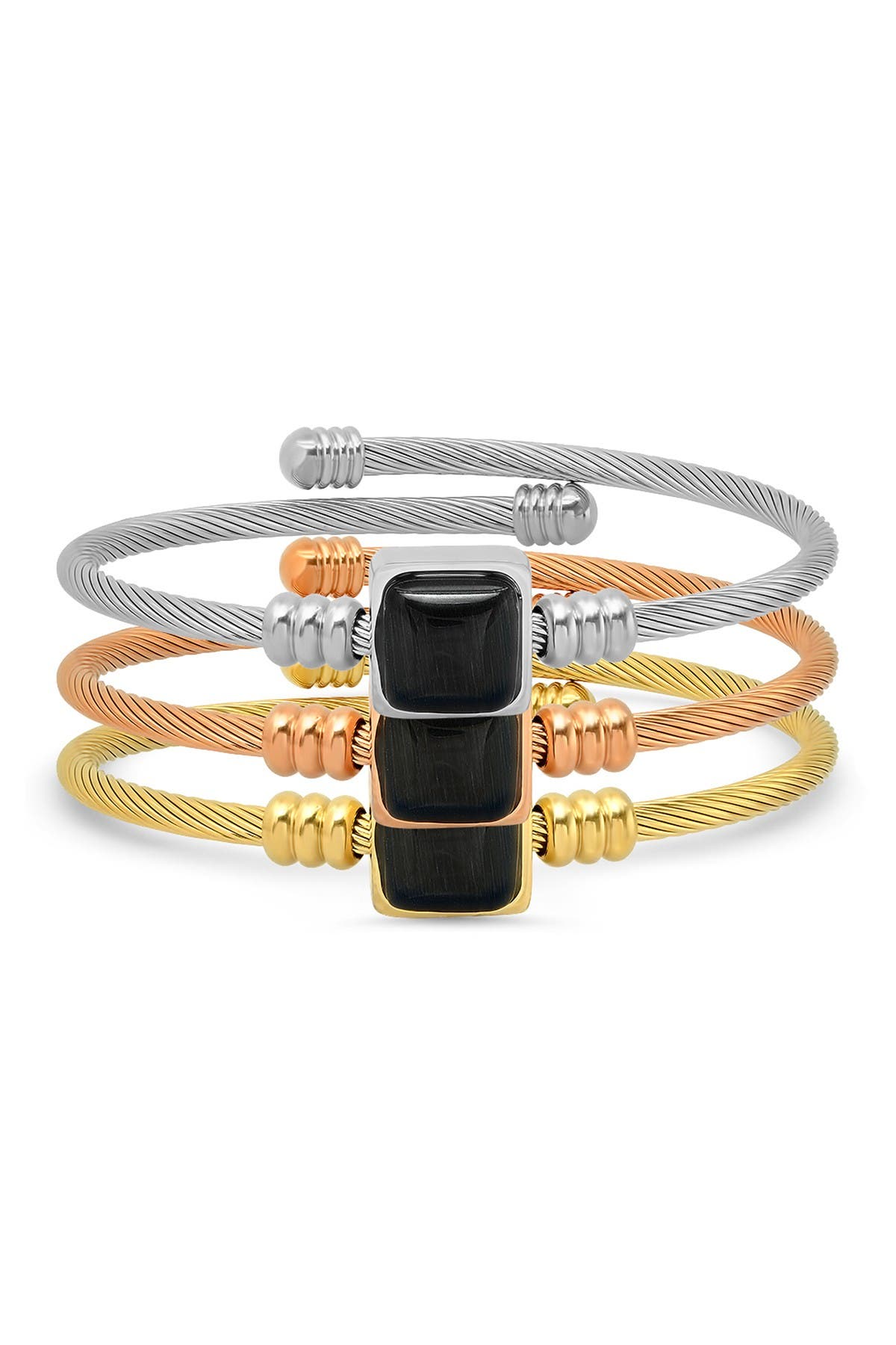 HMY JEWELRY Tri-Tone Stainless Steel Simulated Onyx Beaded Cable Bangle Bracelet Set