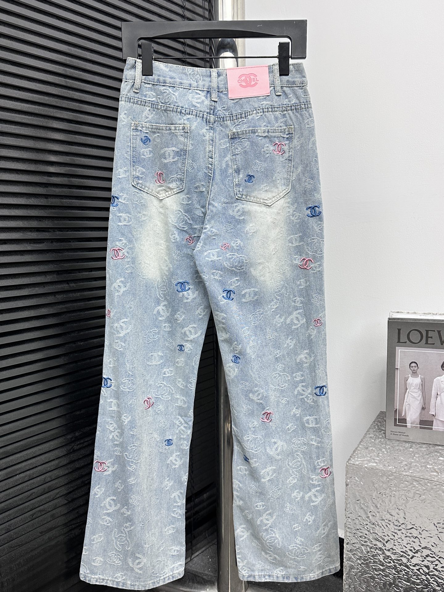 0915 Contrast color high waist washed denim pant