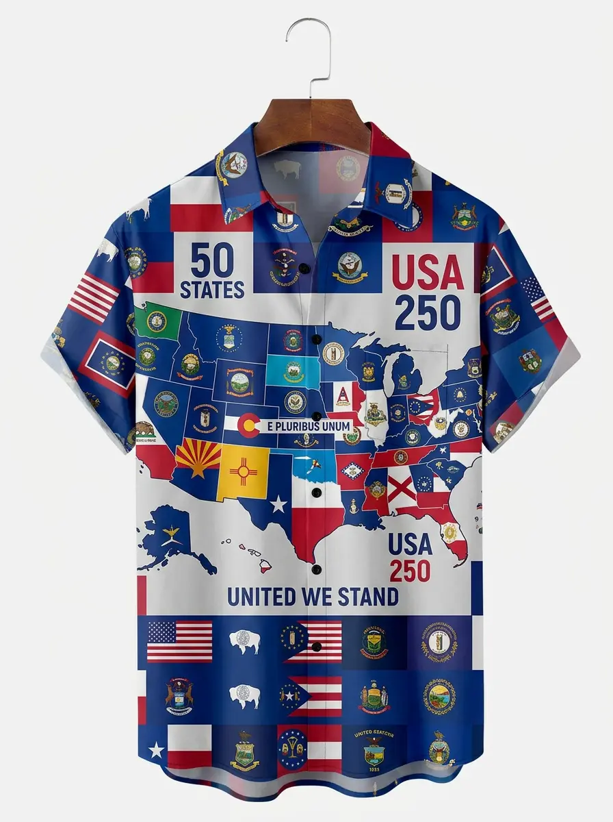 Men's printed shirts, USA 50 States Map & Flag Patriotic Hawaiian Shirt
