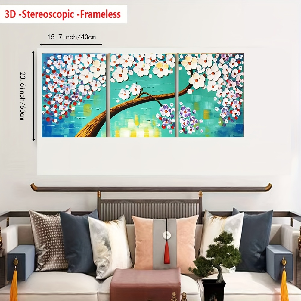 3D Stereoscopic Frameless 3pcs Pure Manual Hand-painted, High-quality Minimalist Wall Decoration Oil Painting (abstract Wealth Tree, White Plum Blossom Flower Texture Lines, Landscape Thick Knife Art Three-dimensional Visual Sense), Modern Wealth