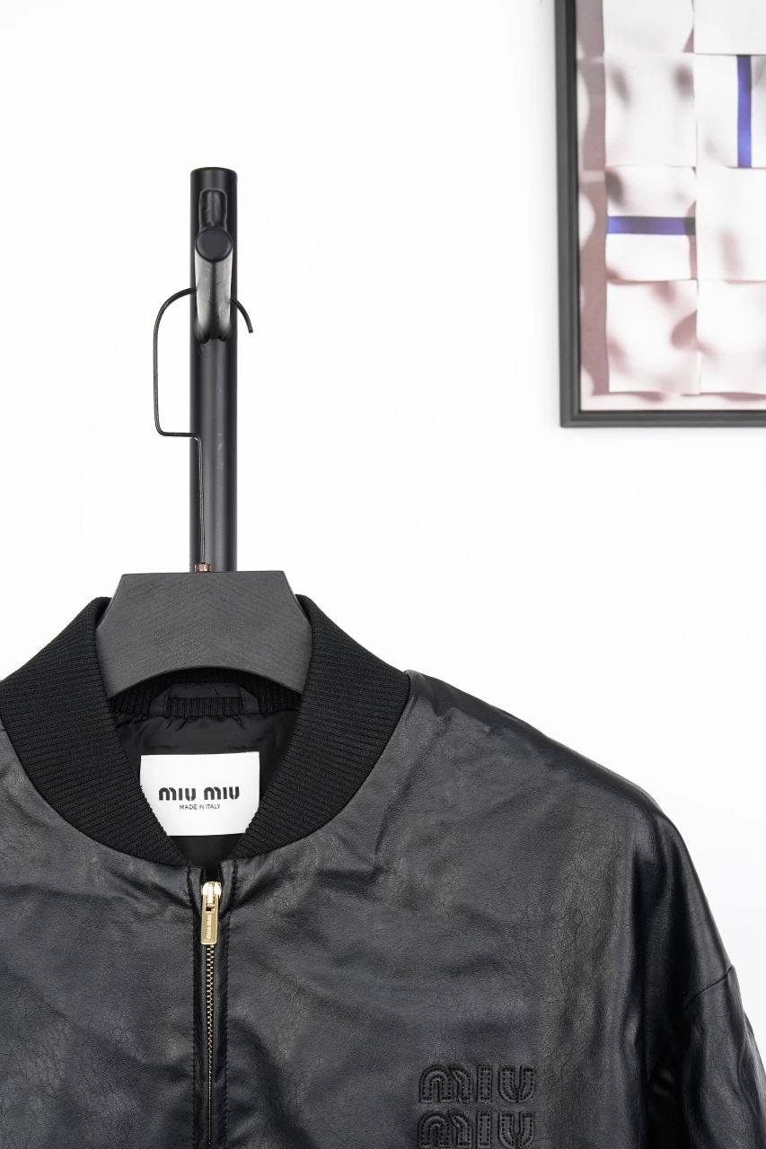 Miu Miu Black Waxed Leather Baseball Jacket product photo from LabelPicks