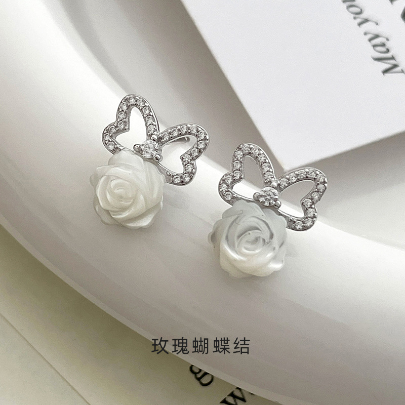 Original rose bow earrings for women, 925 sterling silver, Korean style, forest-inspired, fresh and delicate, white mother-of-pearl earrings, ins-style Chanel-inspired