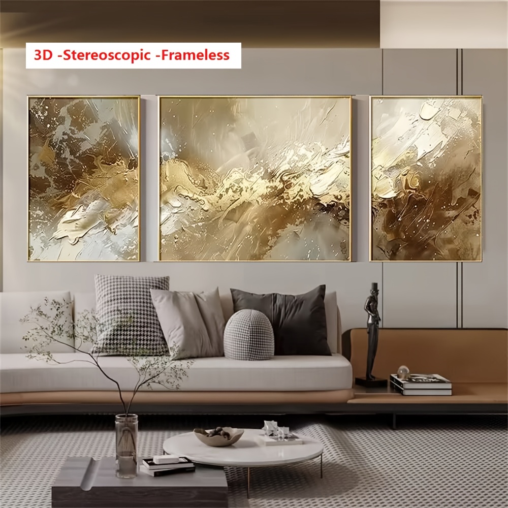 3D Frameless 3pcs Pure Hand-Painted, High-Quality Minimalist Wall Decoration Oil Painting (Abstract Golden Foil Wealth Texture Line Landscape Art with Thick Knife Work for a Three-Dimensional Visual Effect) Modern Stylish Decor for Bedrooms