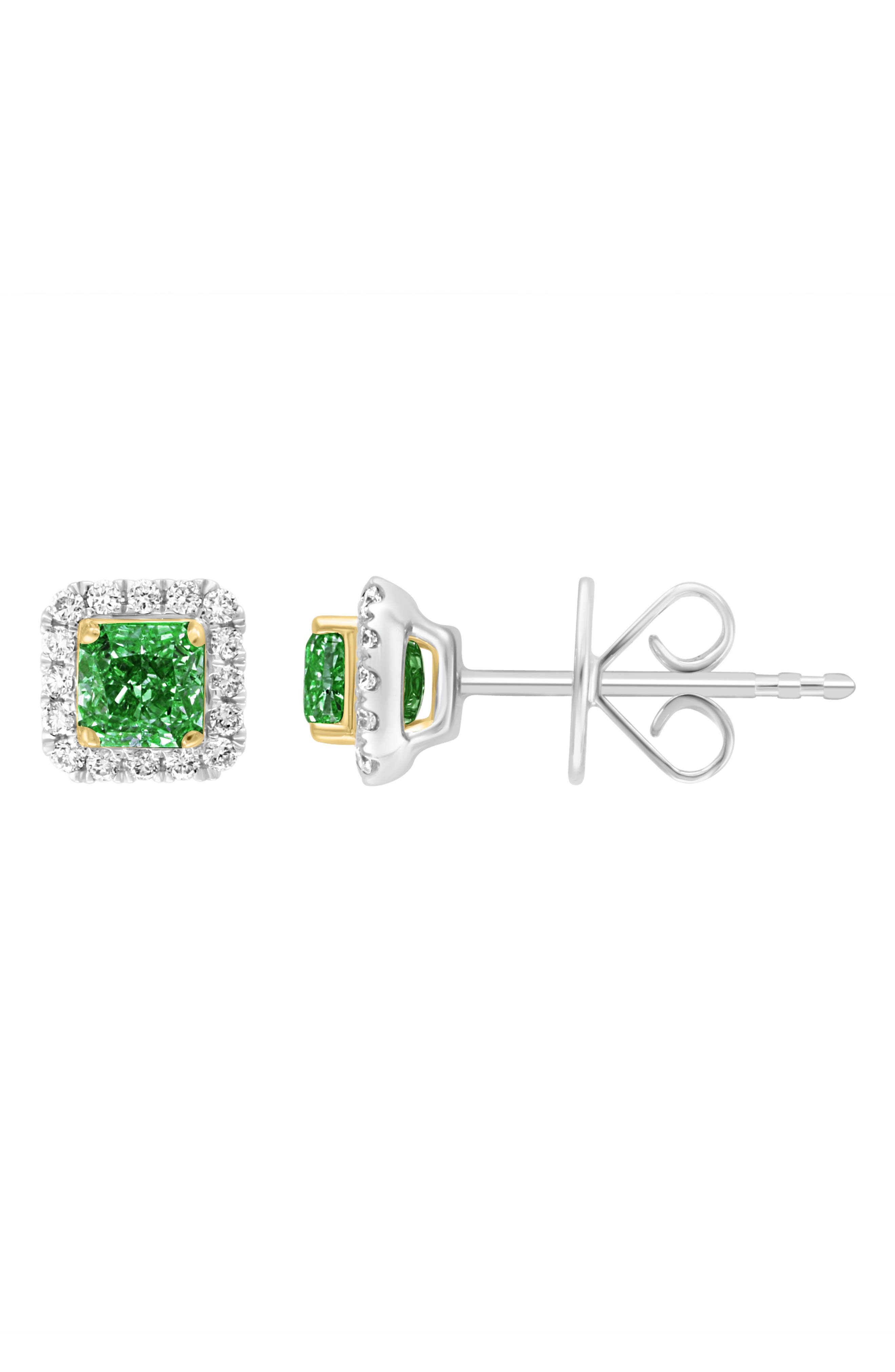 EFFY Two-Tone Diamond Halo Emerald Stud Earrings