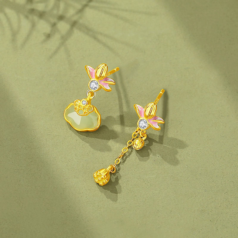 Original Ruyi Lotus Earrings for Women, 925 Sterling Silver, Vintage Chinese Style, New Chinese Style, 18K Gold Earrings, Hetian Jade Ear Accessories