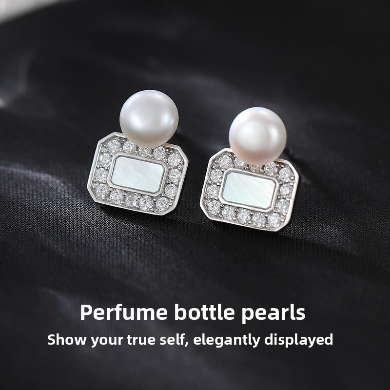 999 pure silver perfume bottle pearl earrings for women, French retro style, geometric sugar cube shell earrings, niche ins