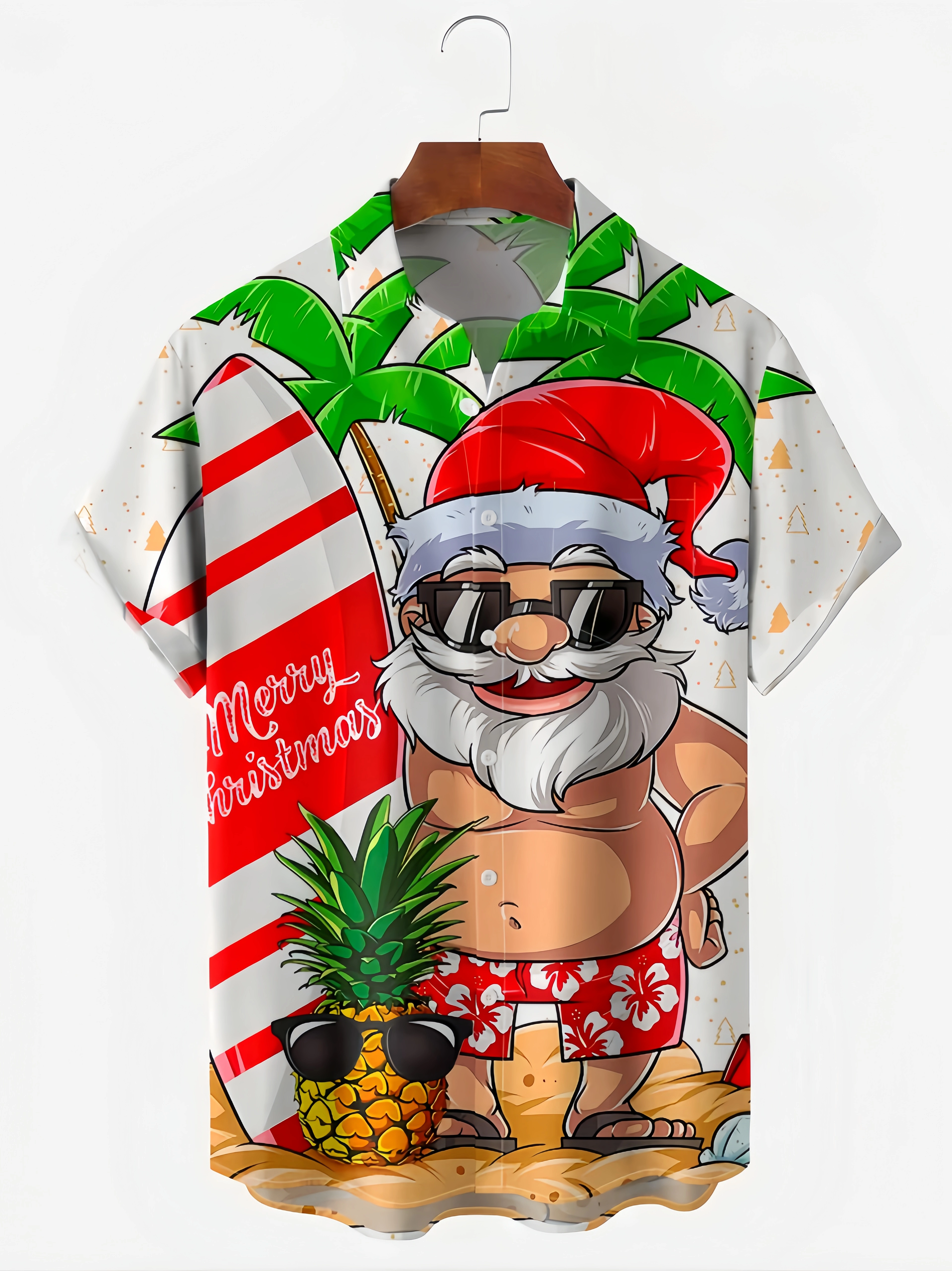 Mens Christmas Santa Surfing Print Front Buttons Soft Breathable Chest Pocket Casual Hawaiian Shirt