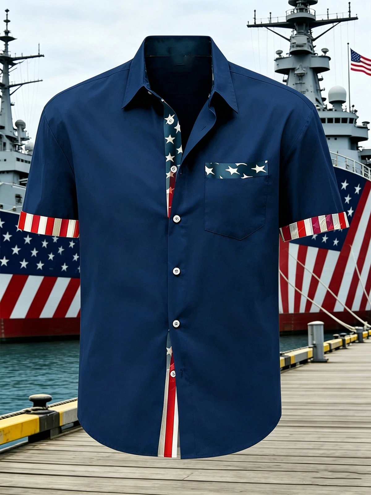 Moisture Wicking Solid Color Patchwork American Flag 250th Anniversary Chest Pocke Holiday Hawaiian Shirt