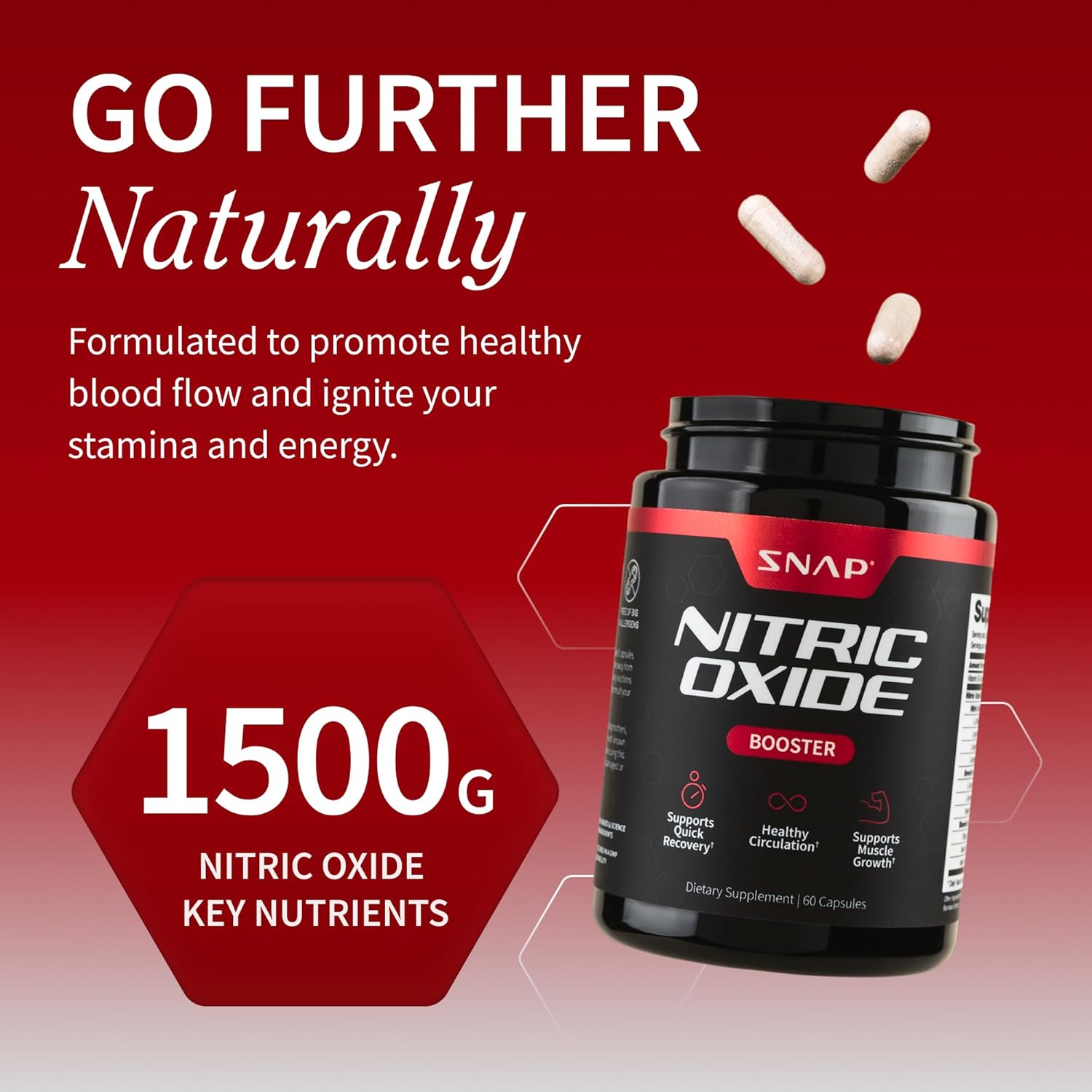 Snap Supplements Nitric Oxide Supplement with L-Arginine to Support Energy, Quick Recovery, Heart Health, Muscle Growth & Circulation, 60 Vegetarian Capsules (1 Month Supply)