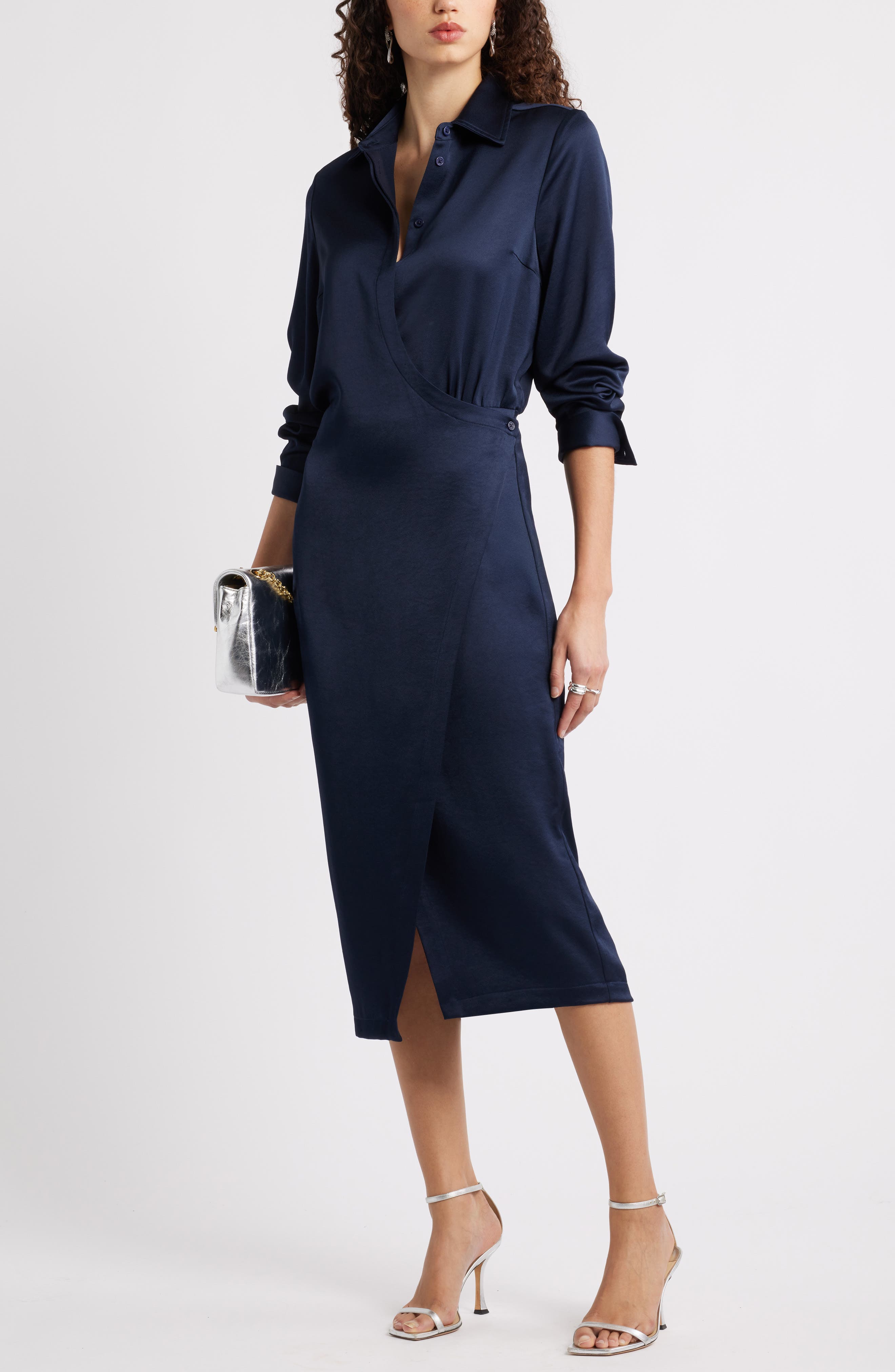 Nordstrom Long Sleeve Faux Wrap Satin Shirtdress