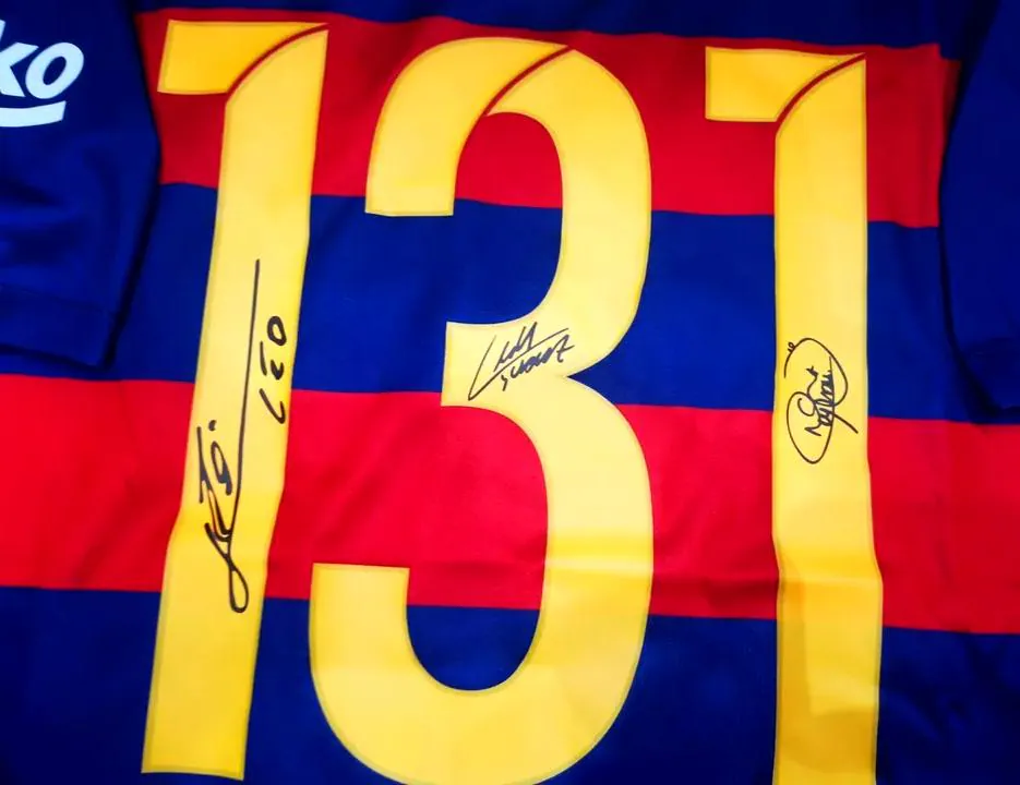 Tres Amigos SIGNED Messi, Neymar, Suarez Barcelona Jersey - 2014/15 Home Shirt - COA