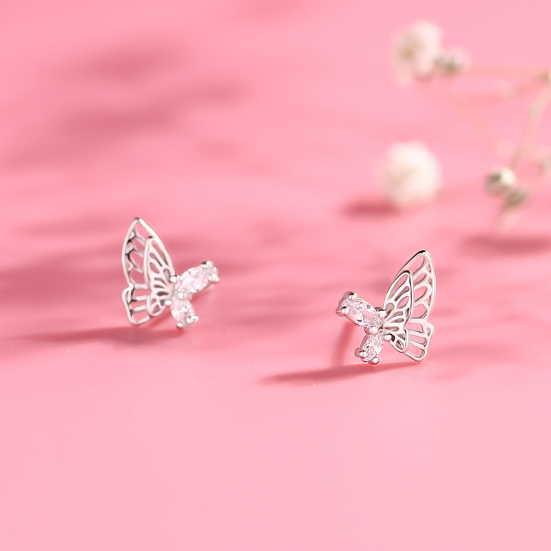 925 sterling silver hollow three-dimensional butterfly earrings, a delicate and cute pair of earrings in a forest-inspired style, featuring tiny cubic zirconia stones