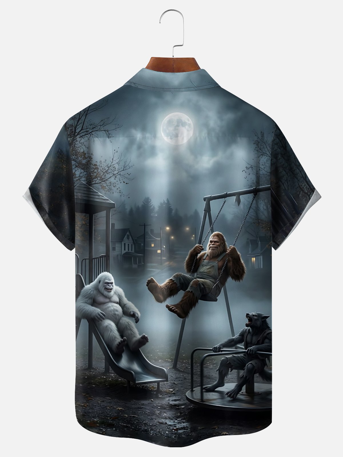 Moisture-Wicking Gradient Amusement Park Bigfoot Swing Chest Pocket Hawaiian Shirt