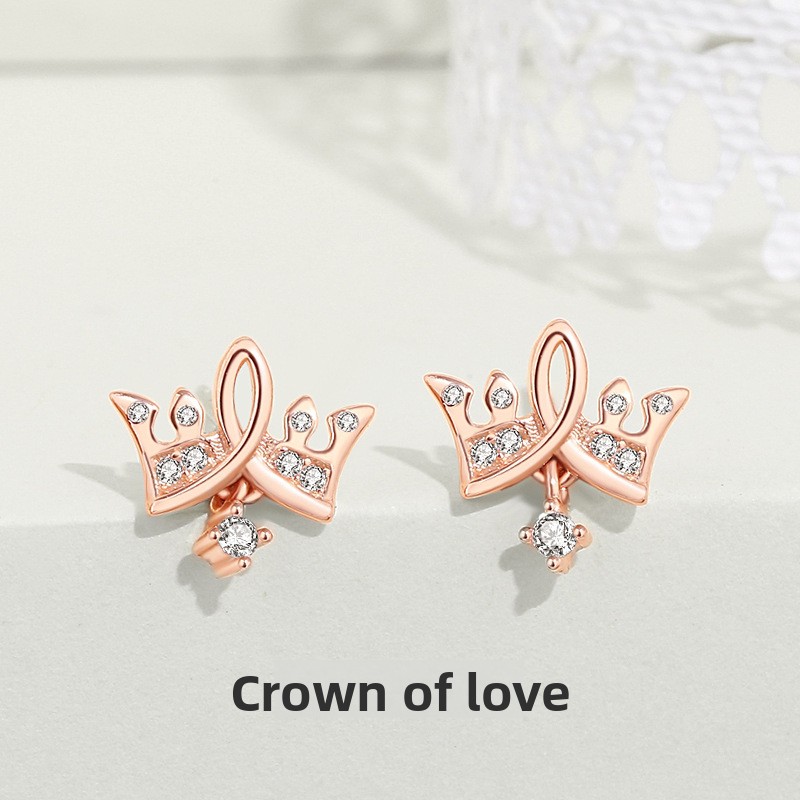 Crown earrings for women, pure silver, simple micro-inlaid zircon earrings, compact and versatile, rose gold ear jewelry