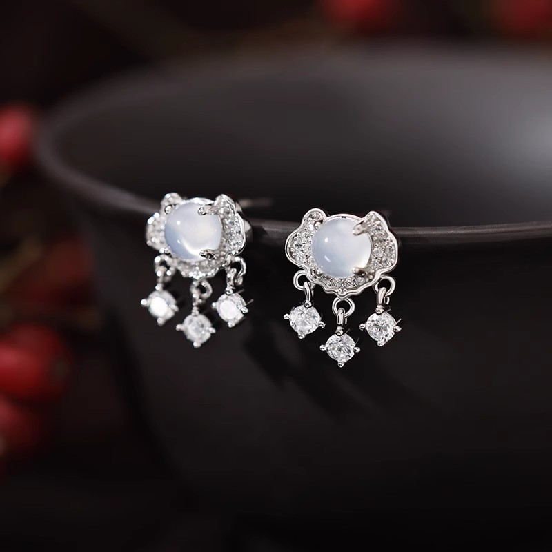White chalcedony peace lock earrings, retro Chinese-style, versatile and elegant, simple new Chinese-style earrings
