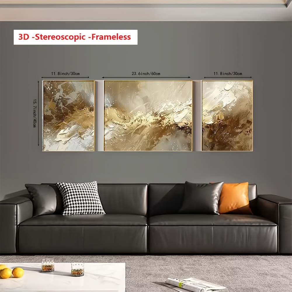 3D Frameless 3pcs Pure Hand-Painted, High-Quality Minimalist Wall Decoration Oil Painting (Abstract Golden Foil Wealth Texture Line Landscape Art with Thick Knife Work for a Three-Dimensional Visual Effect) Modern Stylish Decor for Bedrooms