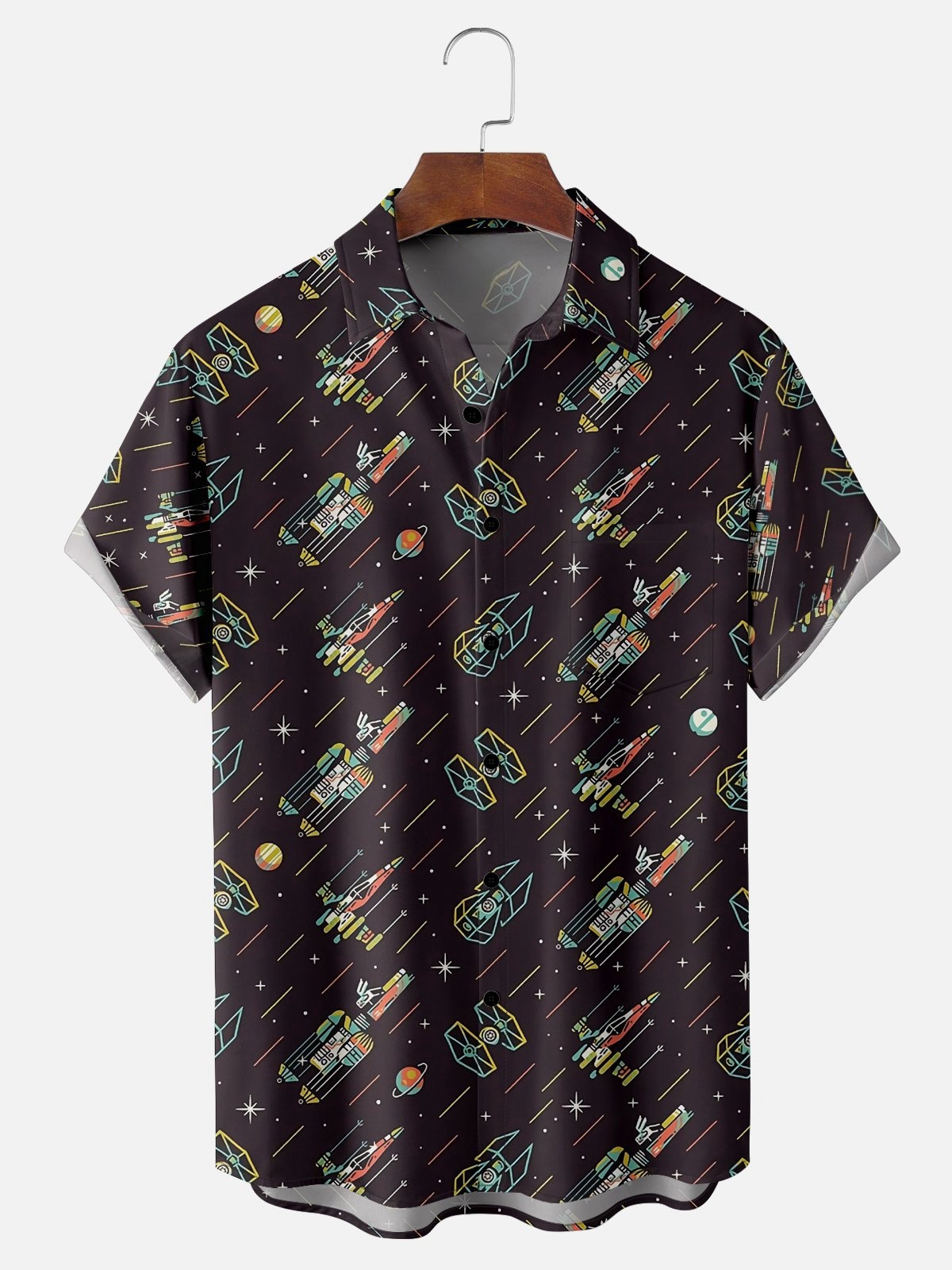 Moisture-wicking Technology Space Spaceship Chest Pocket Hawaiian Shirt
