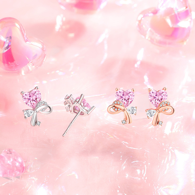 Heart-shaped bow earrings, 925 sterling silver, Korean style, delicate and sweet, pink cubic zirconia earrings, trendy Instagram-style jewelry