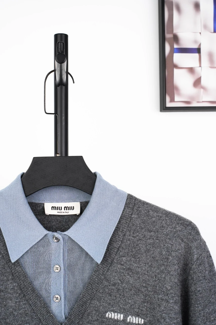 Miu Miu Grey Blue Contrast Collar Polo Sweater product photo from LabelPicks