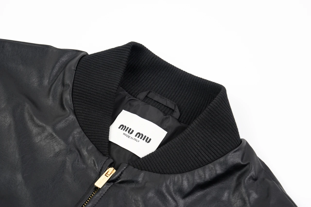 Miu Miu Black Waxed Leather Baseball Jacket product photo from LabelPicks