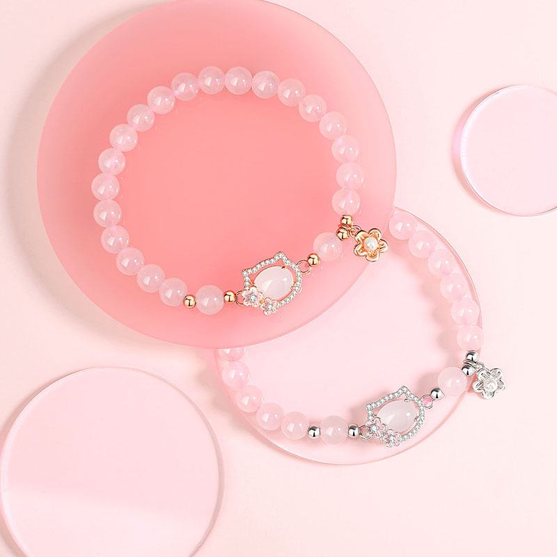 Original Peach Blossom Cat Beaded Bracelet for Women, Trendy and Unique, Girly Style, Cat Charm Bracelet, Floral Design, Best Friend Jewelry