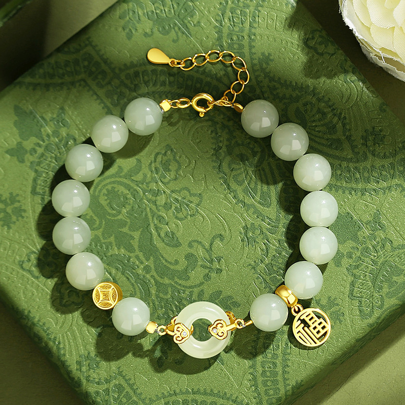 Ruyi Fortune Brand Hetian Jade Peace Buckle Bracelet for Women, Pure Silver 18K Gold, Artistic Retro New Chinese Style Bracelet